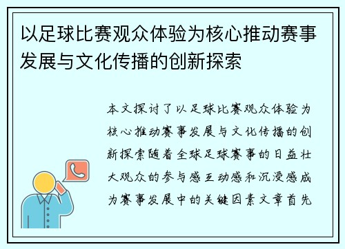以足球比赛观众体验为核心推动赛事发展与文化传播的创新探索